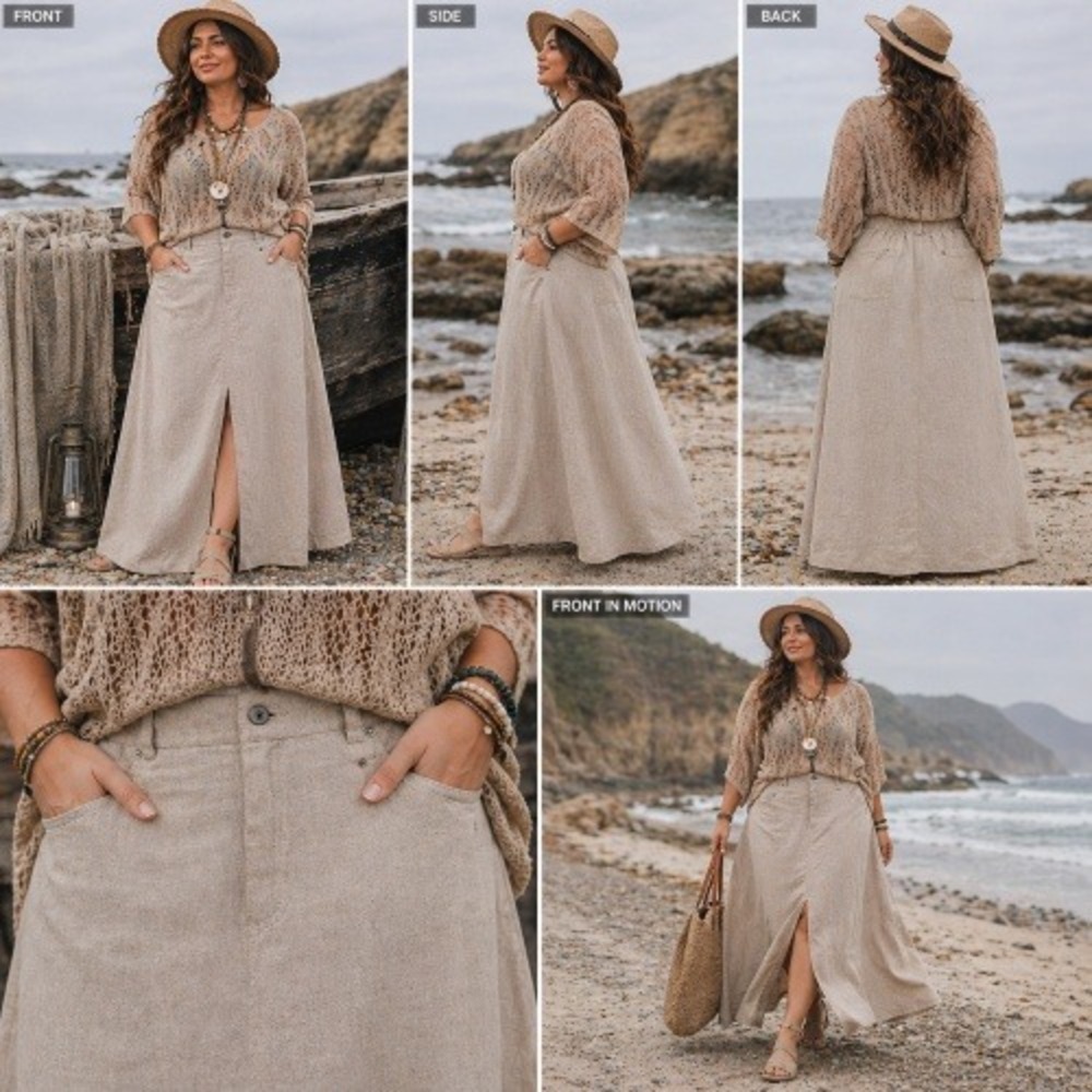 Nicole Miller Tan 100% European Flax Linen Maxi Skirt Front Slit Elastic Waist L